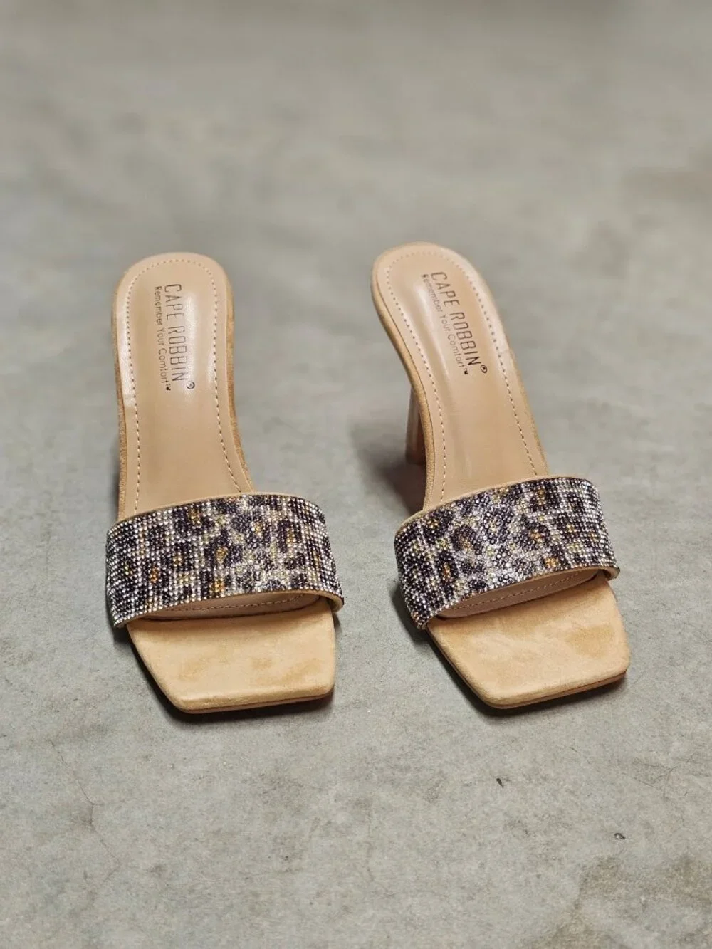 Beaded Leopard Print Square-Toe Open Heels With Stiletto Heel Design